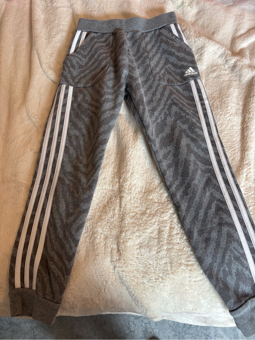 adidas Gray Zebra-Pattern Kids Joggers with White Stripes